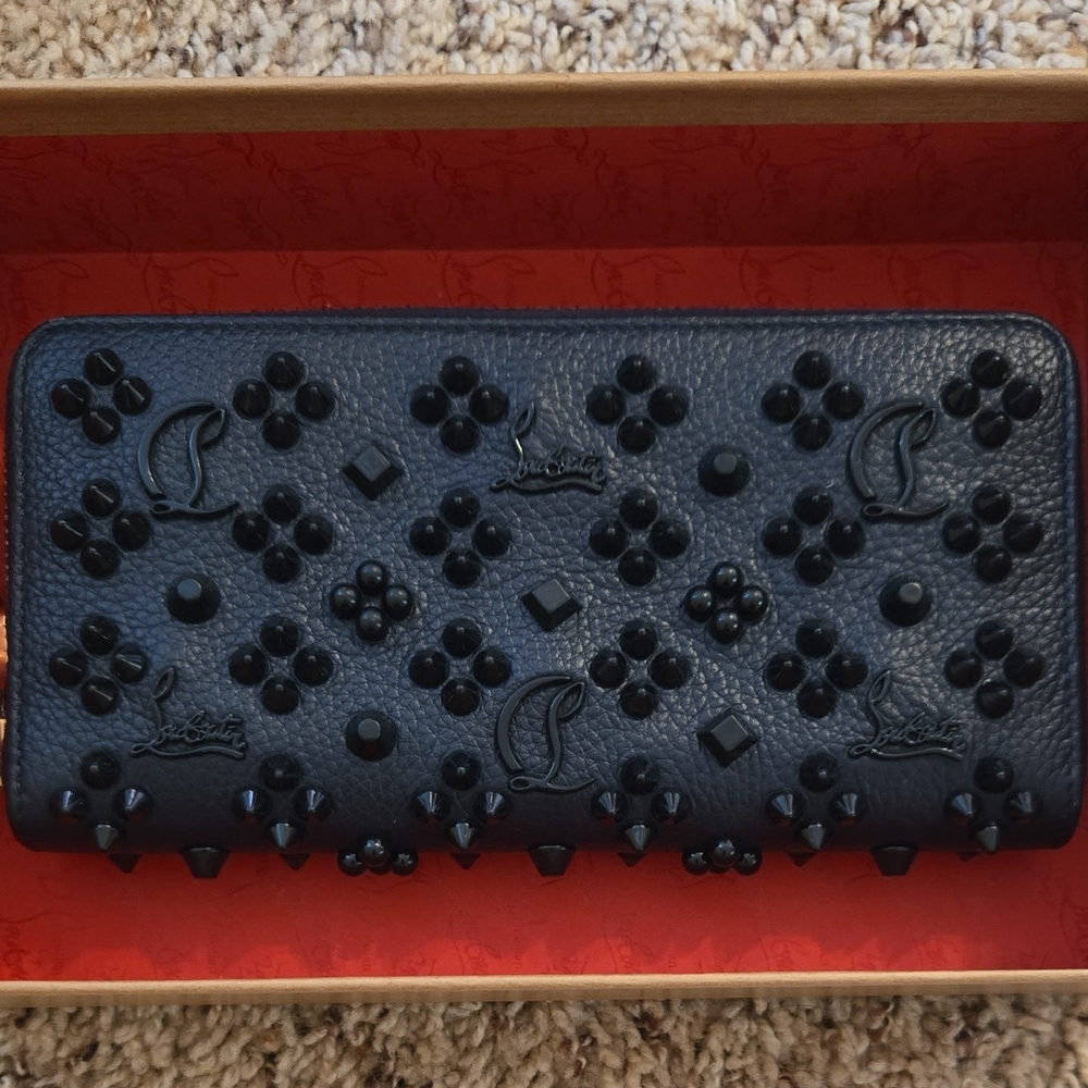 Christian Louboutin Black Studded Floral Motif Zip Wallet